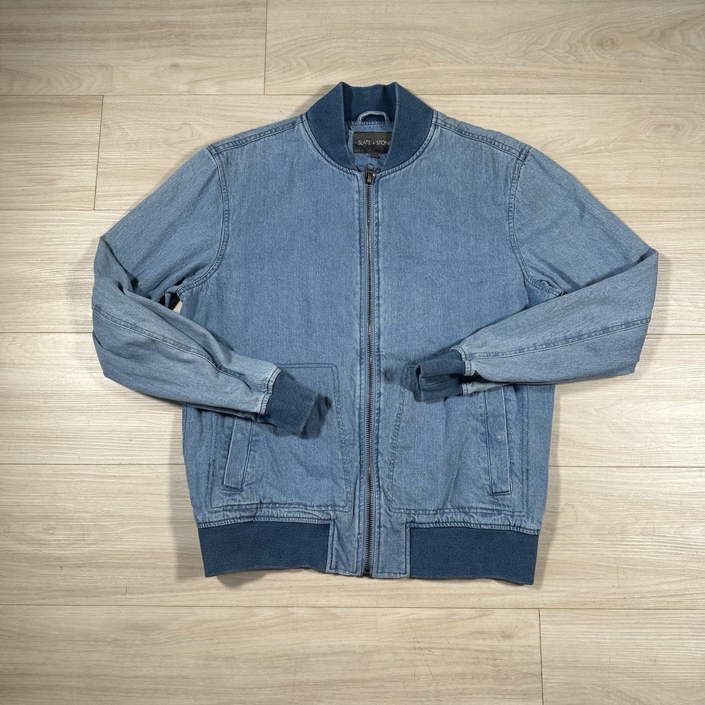 Slate & Stone Men's Denim Bomber Jacket Full Zip Up Lined Size Large Light Wash